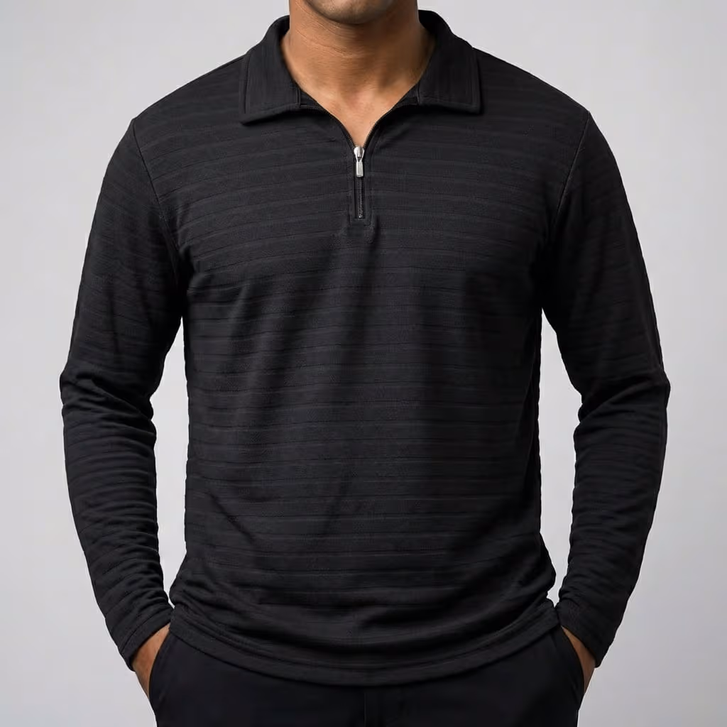 Black Full-Sleeve Zipper T-Shirt for Men